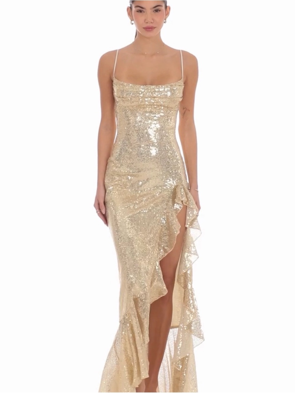 Lucy in the Sky Gold Sequin Ruffle High-Slit Spaghetti Strap Gown